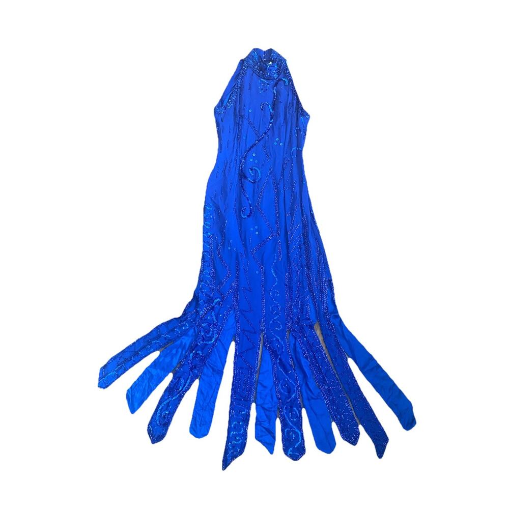 Lillie Rubin Blue Halter beaded Dress Midi Formal Sequin Silk Size 4 octopus